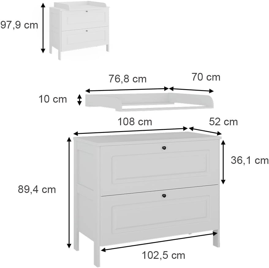 Fasciatoio Ajaton, Bianco, 108 x 98 cm con 2 cassetti, adatto per fasciatoi standard fino a 85 cm