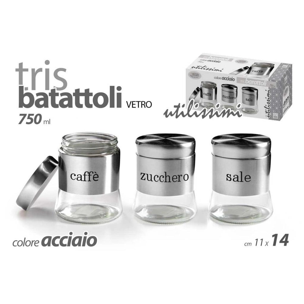 Set 3 Tris Barattoli Contenitori da cucina in vetro e acciaio 750 ml