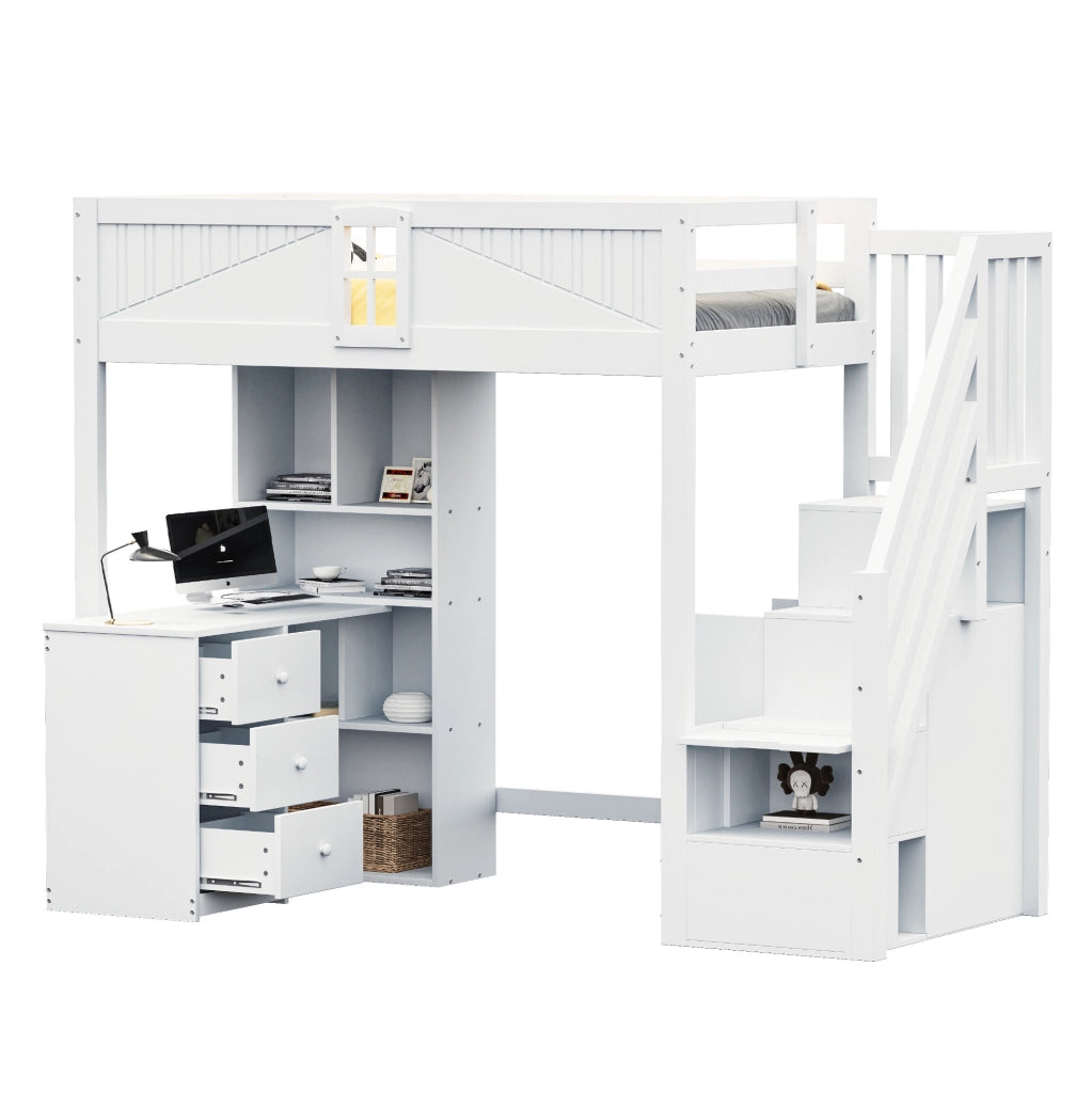 Letto a soppalco con scrivania; cassetti e armadi; 90 x 200 cm; legno; bianco