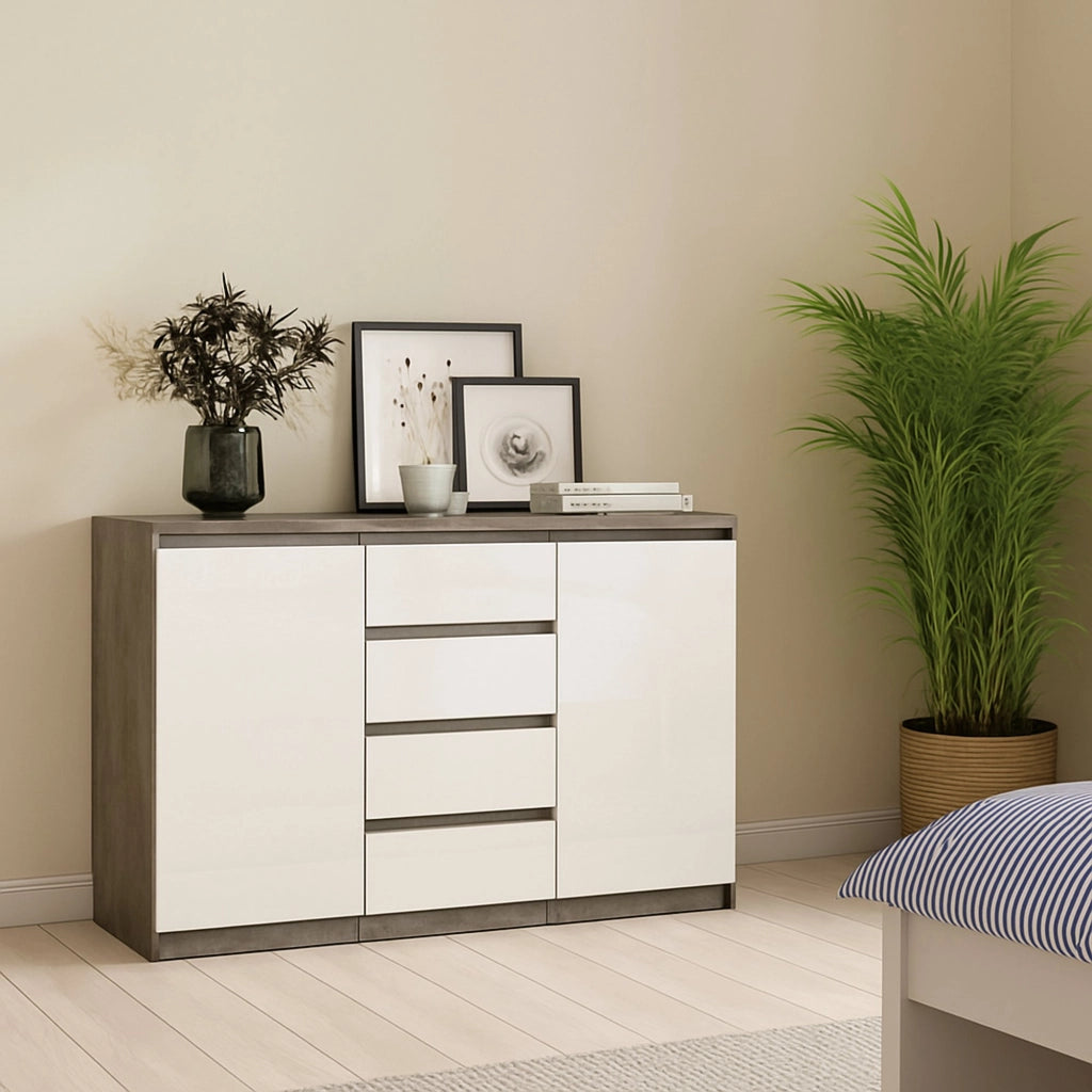 Credenza Angelika, Buffet da soggiorno, Madia da salotto, Dispensa da cucina, 121x50 h91 cm, Cemento e Bianco lucido