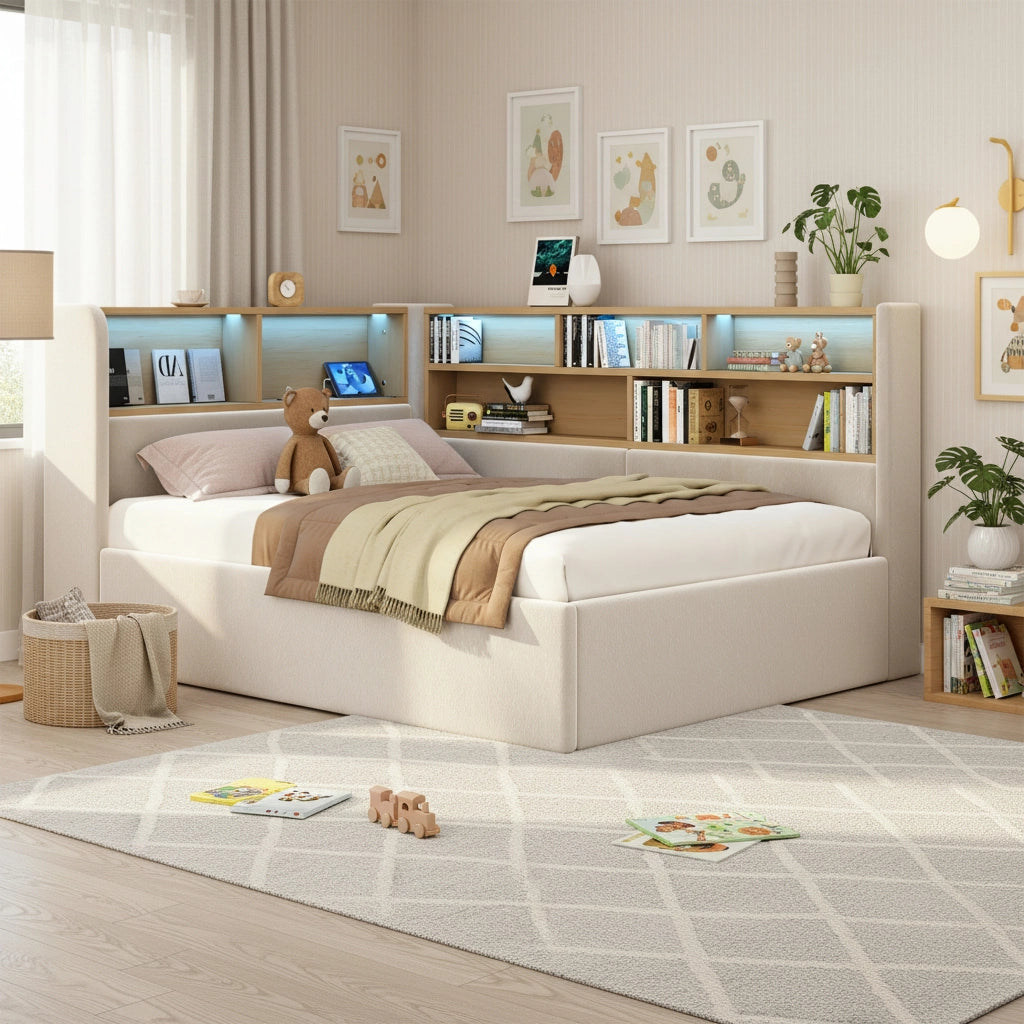 OKWISH Letto a Divano 90×200 cm, Letto Singolo con Contenitore Idraulico, USB, Tipo C e LED Regolabile, senza Materasso, in Velluto, Beige