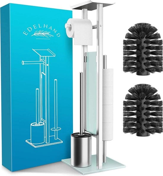 Set di accessori per la toilette in acciaio inossidabile con asse di appoggio e contenitore per carta igienica, compreso spazzolino per la toilette e contenitore per carta igienica, con piastra di appoggio inclusa.