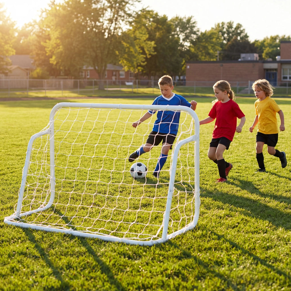 Porta da calcio per bambini in metallo con rete e picchetti per cortile e giardino, Attrezzatura portatile per allenamento di tiro facile da montare