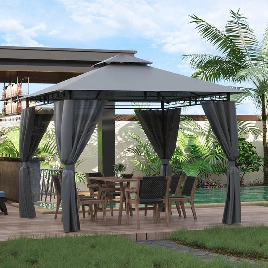 Pavilion Acquaproteggiato 3 x 3 m - Tenda da Festa Deluxe per 4-6 Persone - Struttura in Metallo - Gazebo in Acciaio Grigio Chiaro