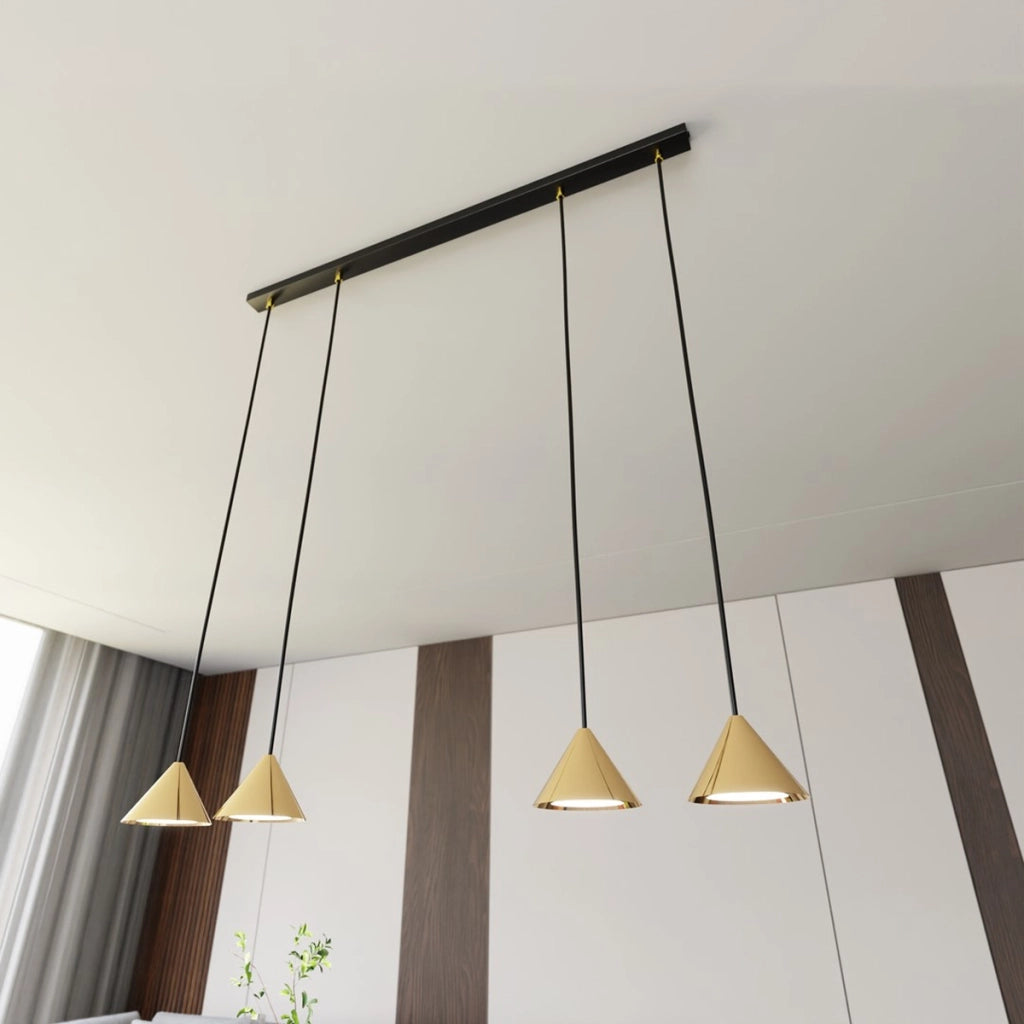 Lampada a sospensione ELIT con diffusori conici oro e struttura nera