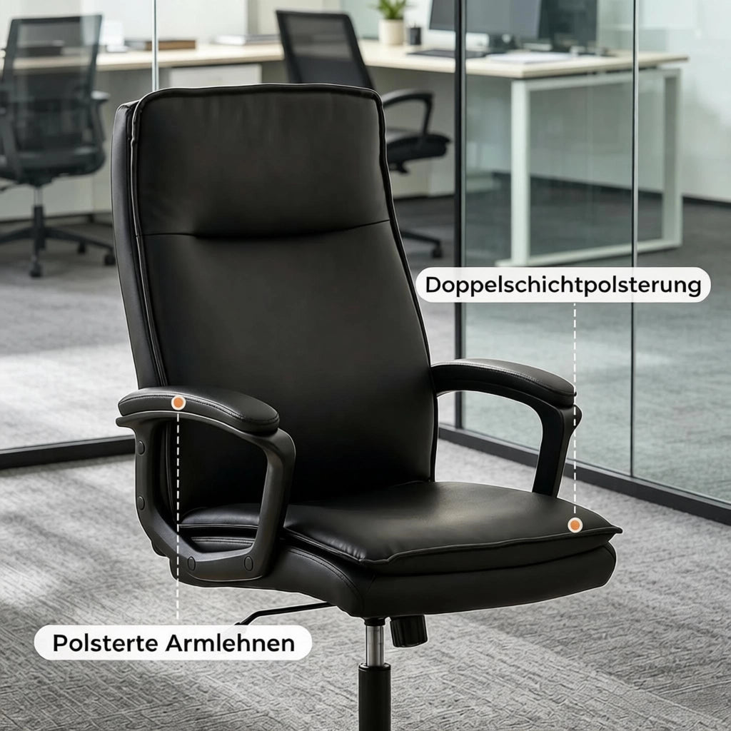 Sedia da ufficio ergonomica con schienale curvo, seduta doppio strato e base metallica, in PU nero