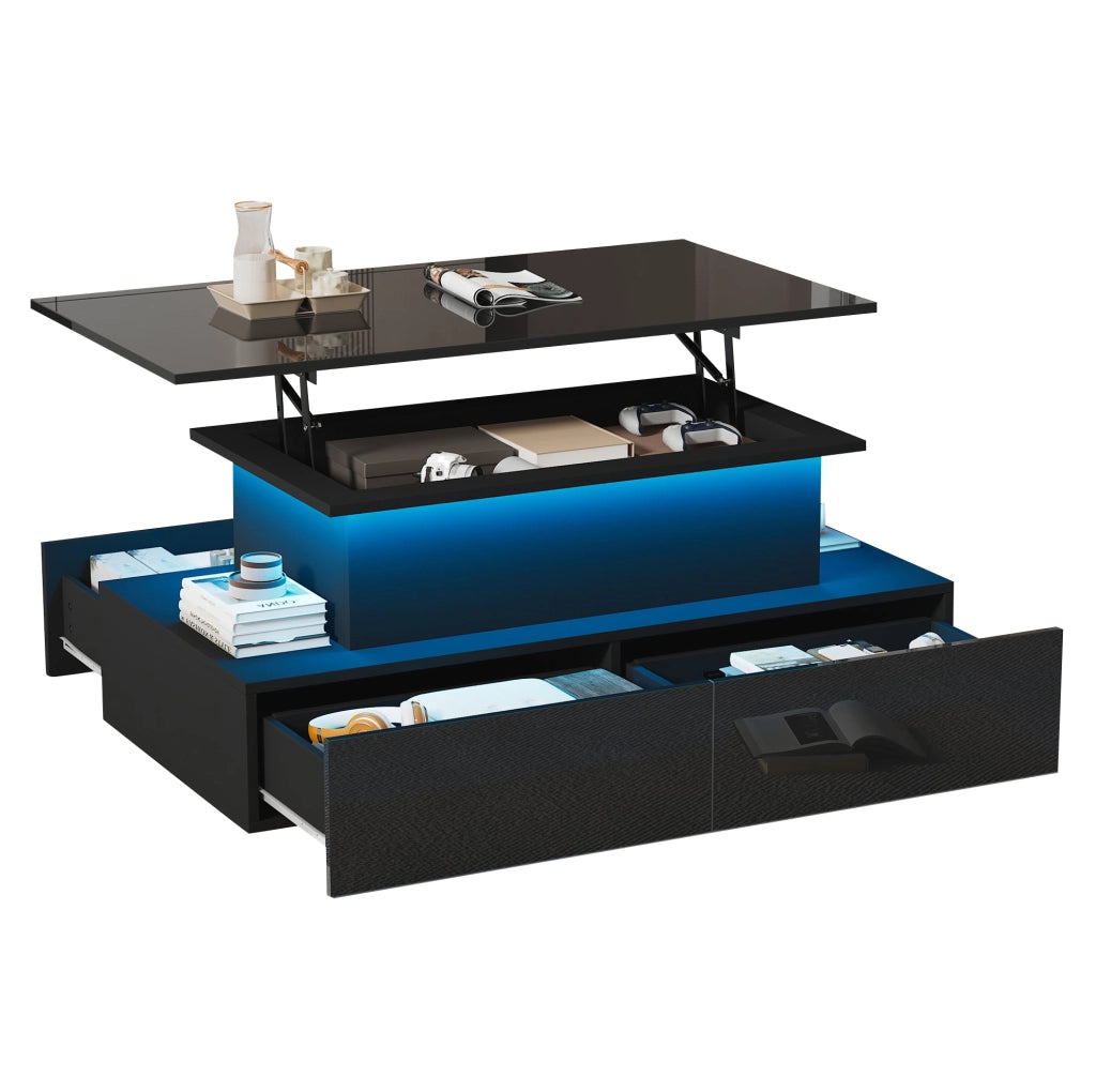 Tavolino da caff猫 90x55x41 cm; con LED e piano estraibile; truciolato; nero lucido