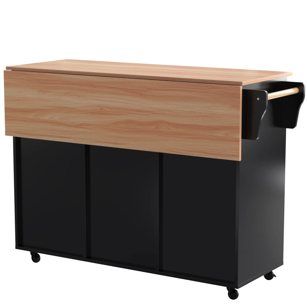 Isola da Cucina Mobile 129x46/71x91,5 cm Nera e Legno con Piano Ribaltabile, 2 Cassetti e 5 Ruote