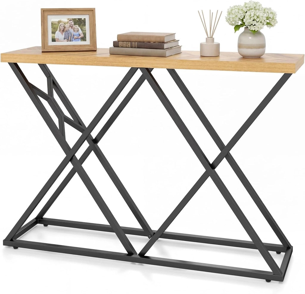 Tavolo Consolle 140 cm, Tavolo Divano con Struttura in Metallo Solido e Spazio di Stoccaggio, Tavolino Stretto in Industriale per Soggiorno, Camera da Letto, Entrata e Corridoio