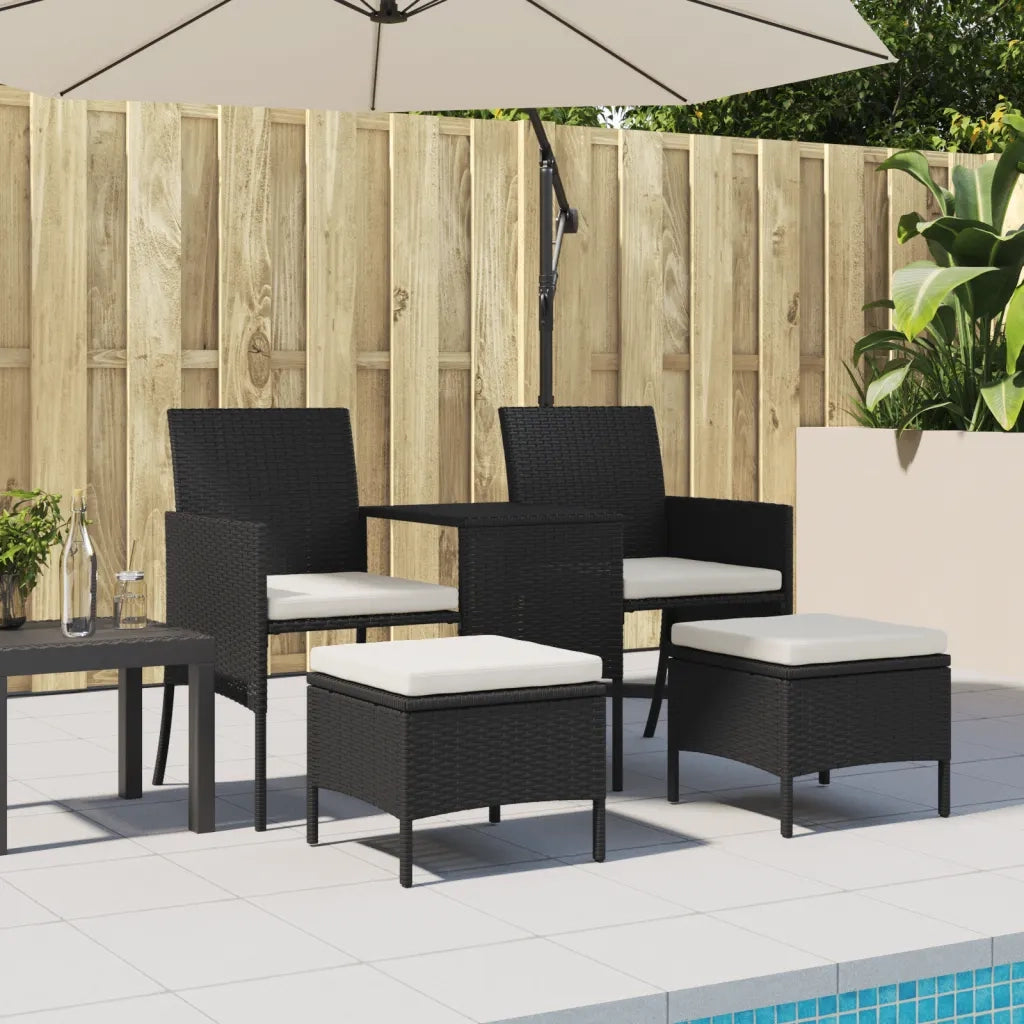 Divano Giardino 2 Posti con Tavolo e Sgabelli Nero Polyrattan