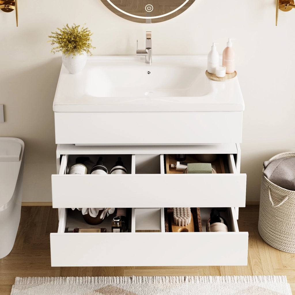 Mobile Bagno Sospeso con LED ¨C MINIMAL ¨C Bianco, Sottolavabo in Ceramica, Cassetti Soft-Close