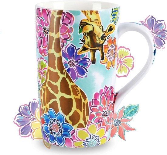 Tazza da Caffè 18oz - Ceramica - Tappo Impermeabile all'Acqua - Regalo - Disegno Personalizzato - Giraffa con Fiori - Bicchiere