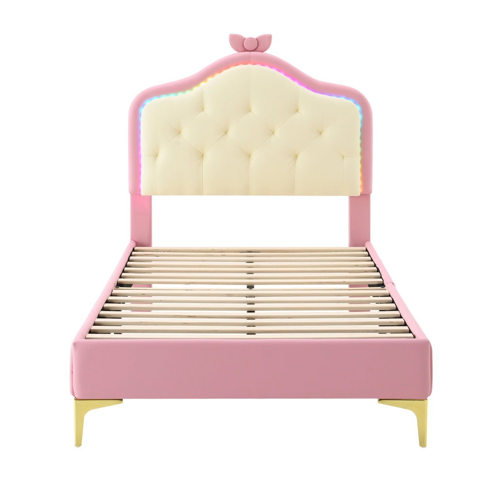 Letto singolo 90x200 cm rosa e bianco in PU con striscia LED