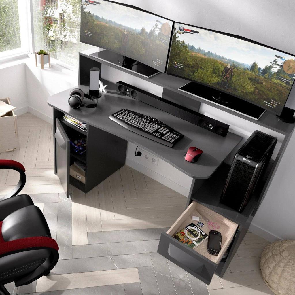 Scrivania Albertino, Scrittoio multifunzione moderno da gaming, Tavolo da studio porta PC e porta CD, 154x69h98 cm, Antracite, senza luci LED