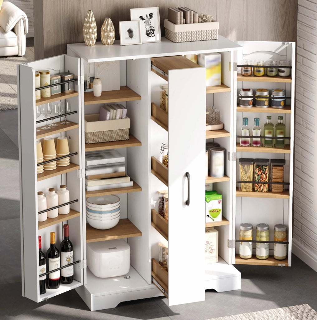 Armadio multiuso da cucina in MDF bianco con ripiani regolabili e vano estraibile