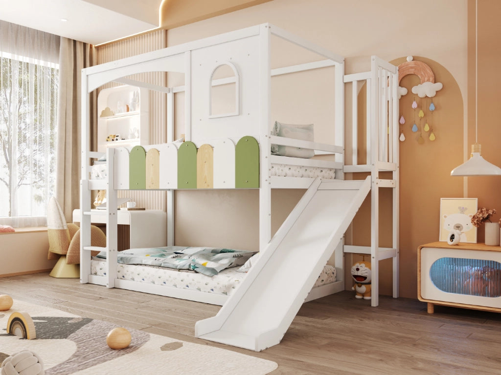DESMIU Letto a castello bambino 90 × 200 cm con scivolo, scala di sicurezza e finestra, senza materasso, in legno, bianco