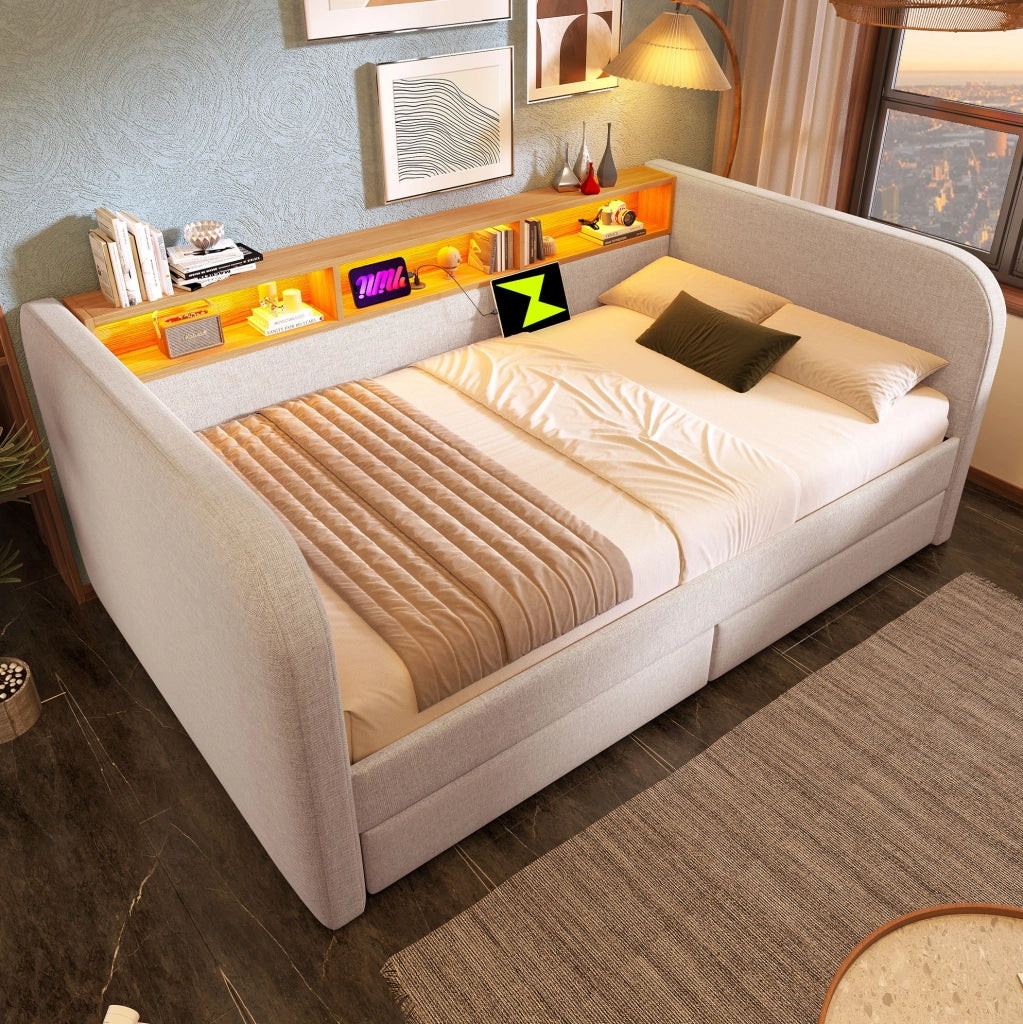 Letto matrimoniale 140x190 cm con LED; USB e Type-C; 2 cassetti; in lino beige chiaro