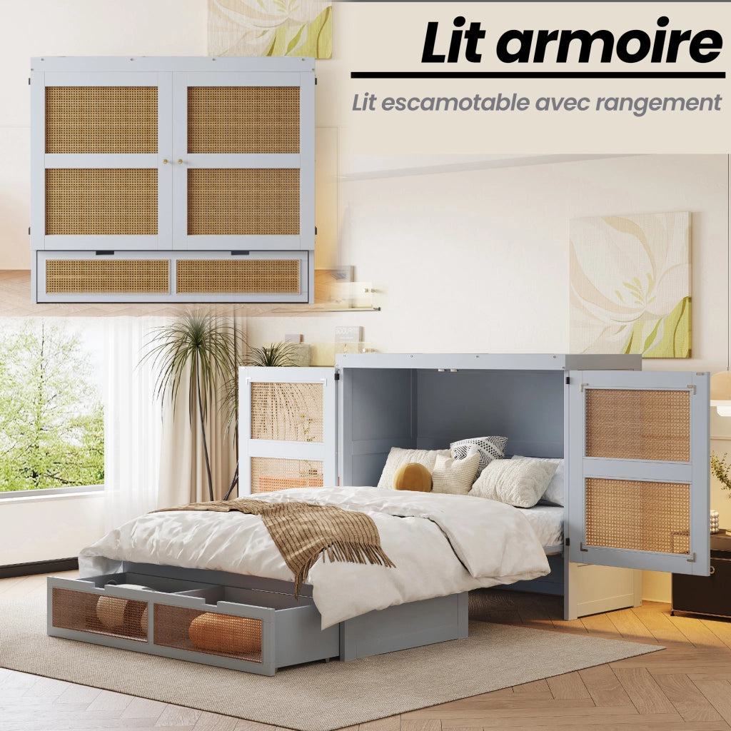 OKWISH Letto a scomparsa 140×200 cm, Letto Matrimoniale con 2 Cassetti, Ante Stile Rattan e Apertura 270°, senza Materasso, Grigio