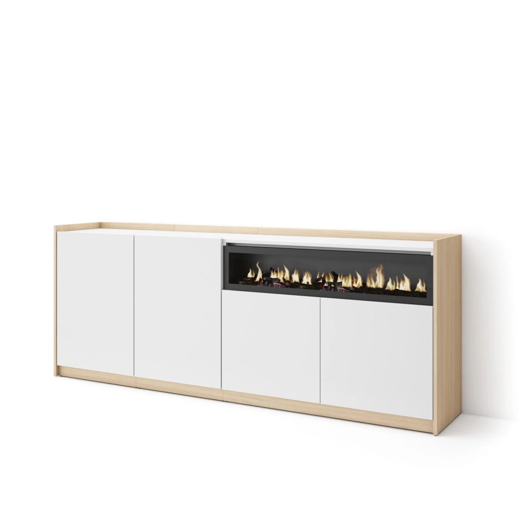 Credenza, Mobile, Cucina, 207x80x37 cm, 4 Porte, Camino elettrico, Bianco e Rovere soft