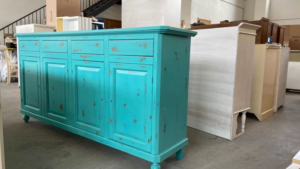 Madia credenza 4 porte in legno shabby chic azzurro consumato 196x43x96 - Mobili 2G