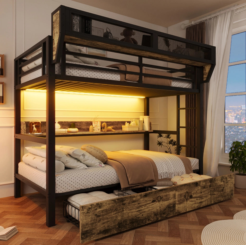 Letto a castello 204x113x176.5 cm con LED integrato; 2 cassetti e struttura in metallo; nero
