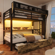 Letto a castello 204x113x176.5 cm con LED integrato; 2 cassetti e struttura in metallo; nero