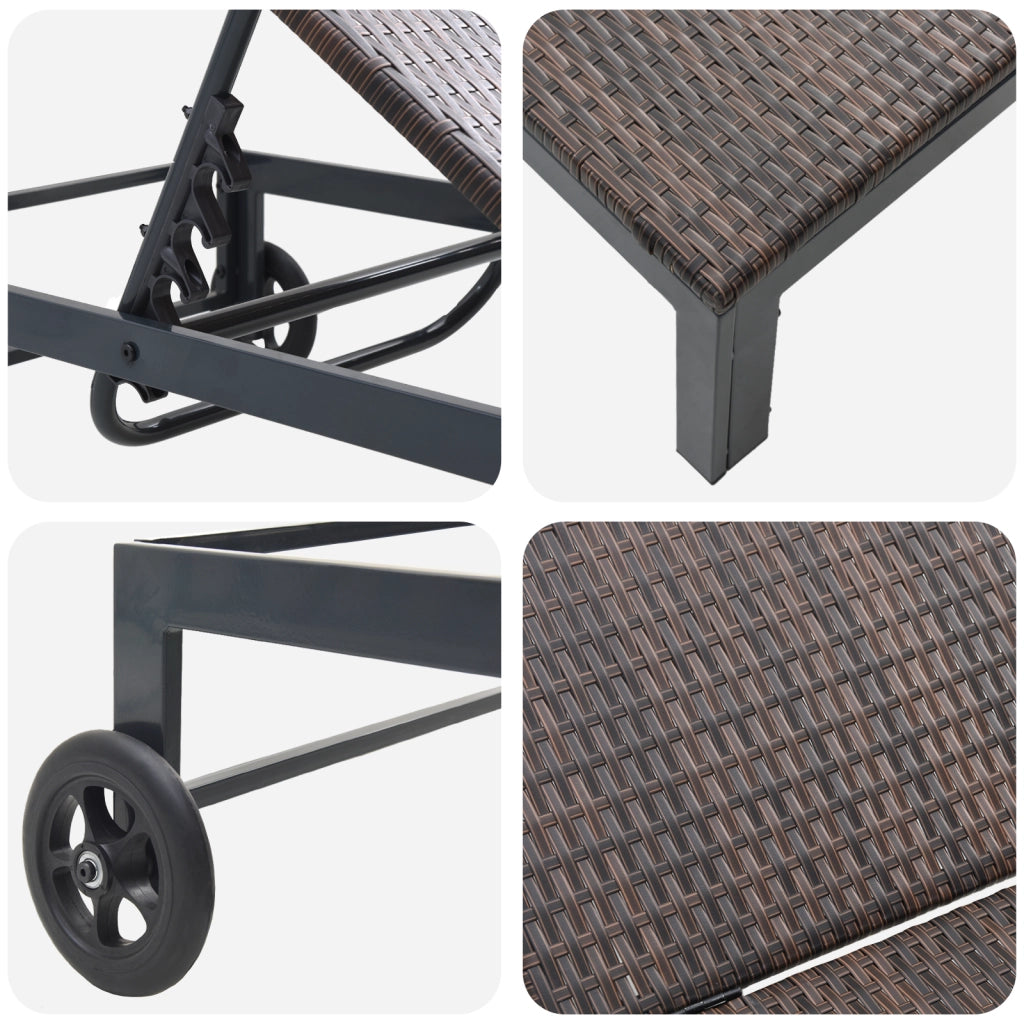 Lettini 2 pcs con Ruote e Tavolo Marrone in Polyrattan