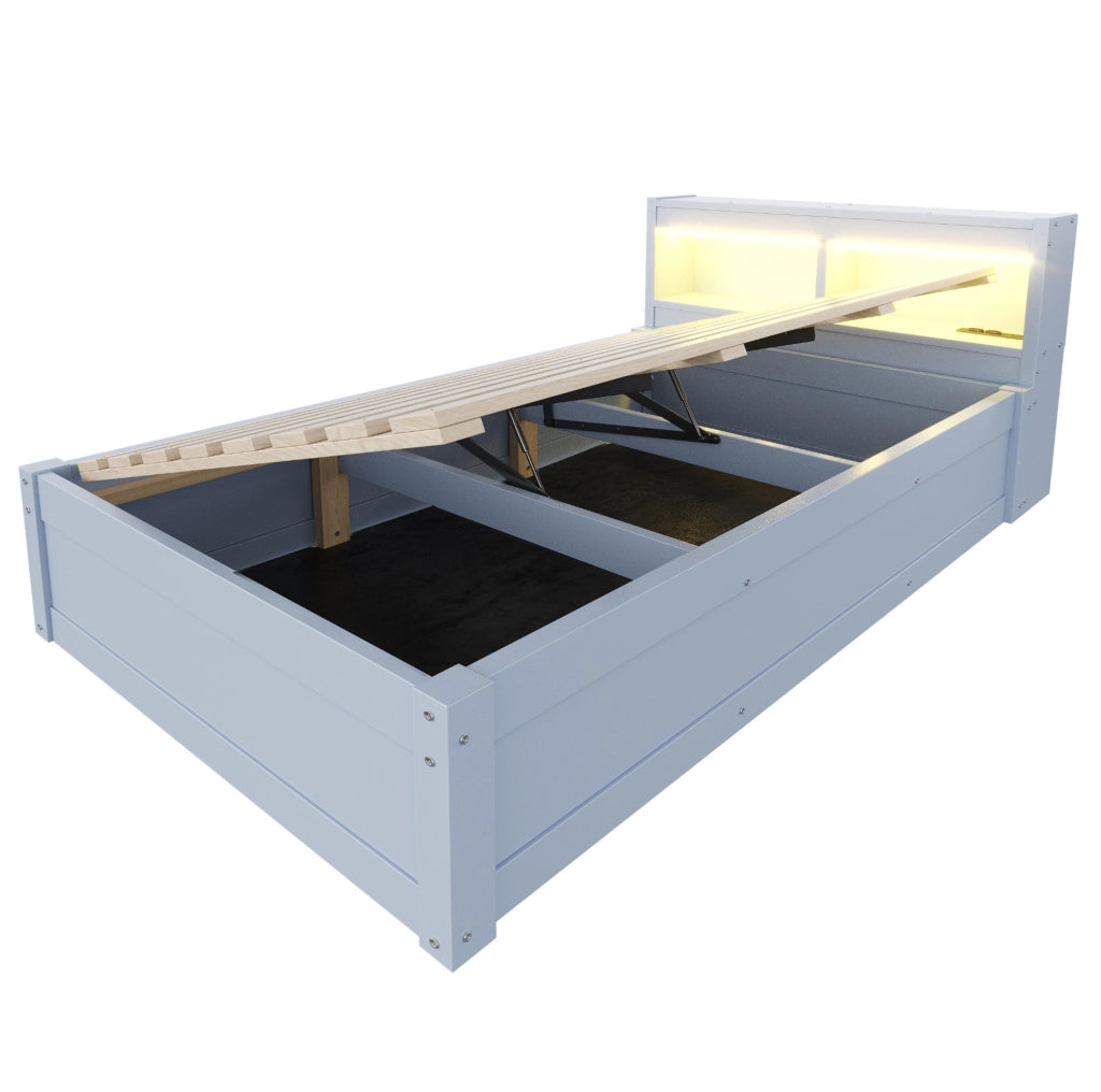 Letto multifunzionale 90x200 cm con vano contenitore, LED e presa integrata