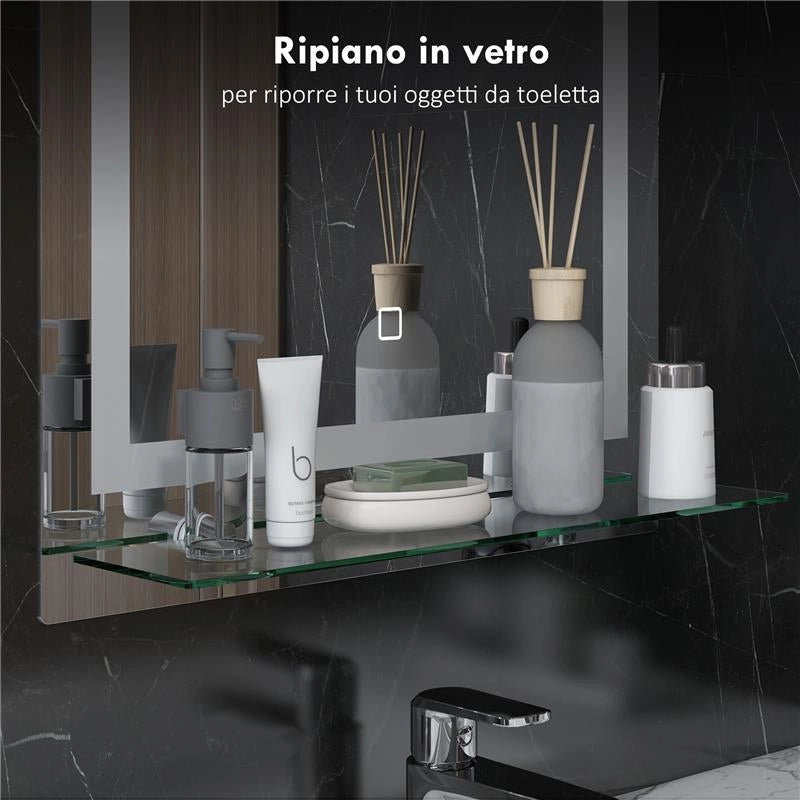 SPECCHIO PER BAGNO A LUCI LED A 3 COLORI REGOLABILI CON MENSOLA IN VETRO 50X12X70 CM ARGENTO