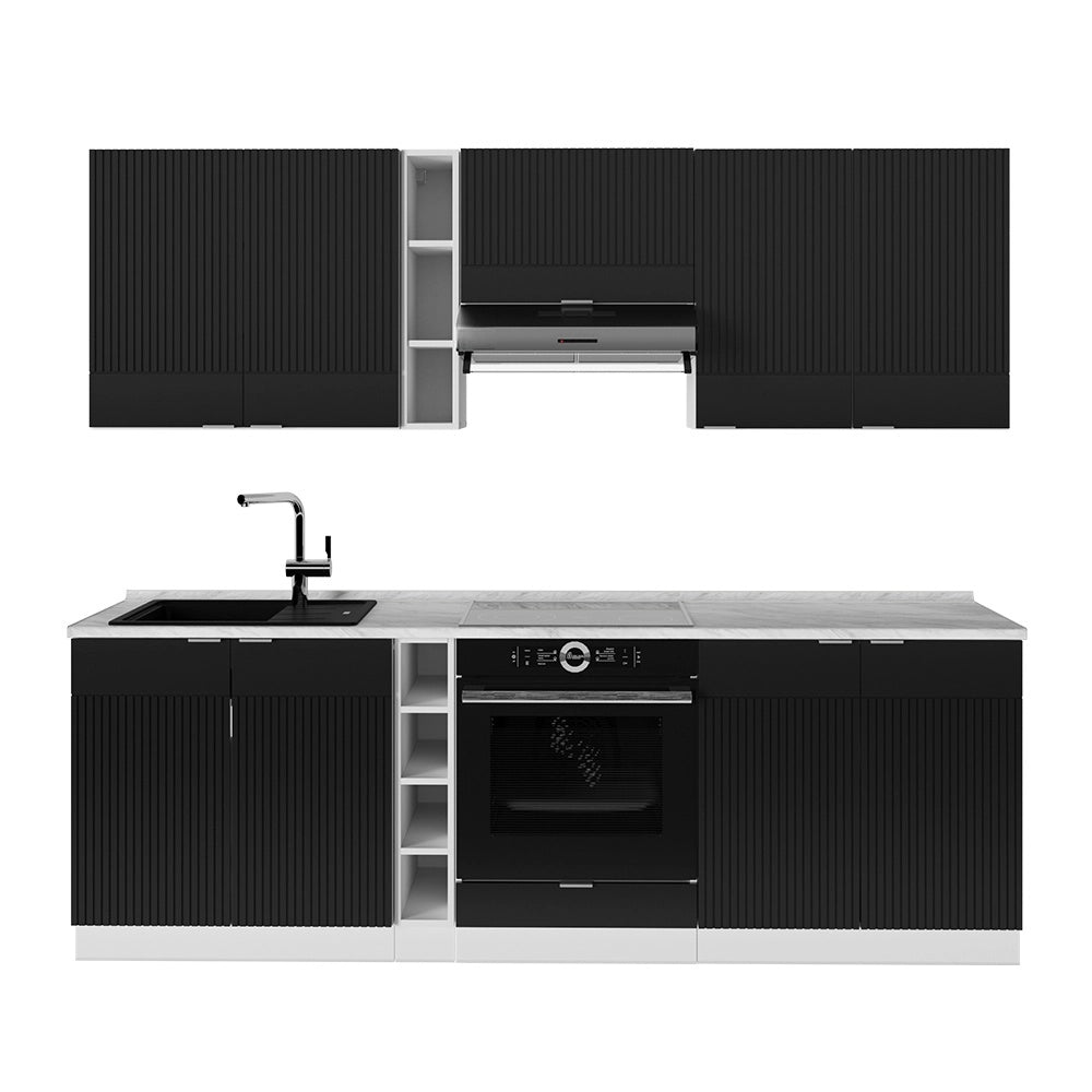 Cucina componibile Fame-Line Nero rigato/Bianco 235 cm, PL Marmo Vicco