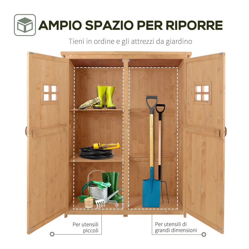 Casetta da Giardino Legno con Porta Doppia, Mensole e Finestre, 127.5x50x164cm