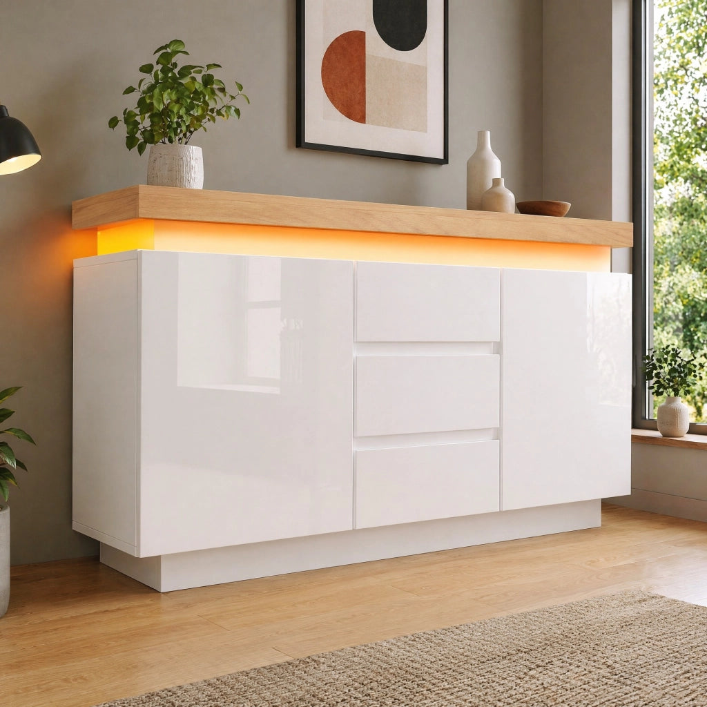 Credenza lucida con 2 ante e 3 cassetti LED controllabile da app per soggiorno e camera bianca 140 × 39 × 81 cm