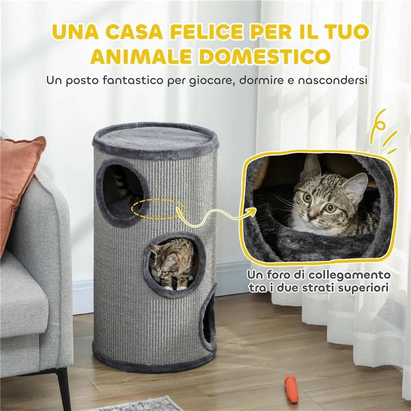 CUCCIA PER GATTI A 3 LIVELLI CON TIRAGRAFFI IN SISAL E PELUCHE, Ï38X70CM, GRIGIO