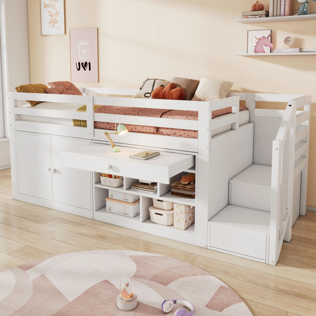 OKWISH Letto Bambino 90×200 cm, Letto Singolo con Scala, Contenitore, Cassetto Reversibile e Scrivania Ribaltabile, senza Materasso, Bianco
