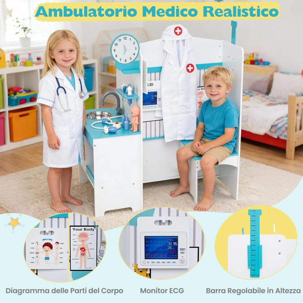 Kit Dottoressa Bambini a Tre Facce, Centro Medico Giocattolo in Legno con Monitor ECG, Rubinetto e 27 Accessori, Luci e Suoni, Regalo Bambini 3-6 Anni, 93 x 54,5 x 98,5 cm
