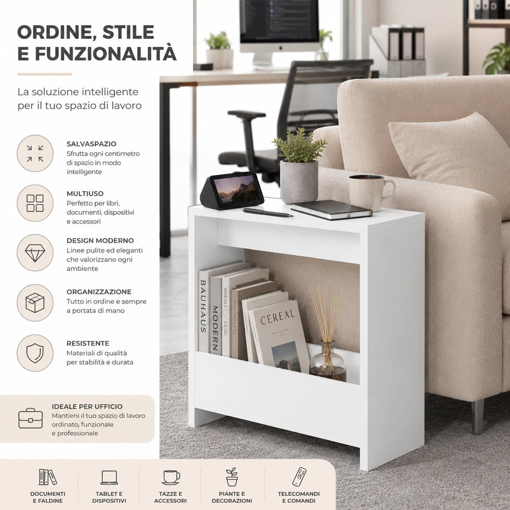 Tavolino Laterale Divano Bianco Tavolo Salvaspazio Multifunzione 55x20x60cm