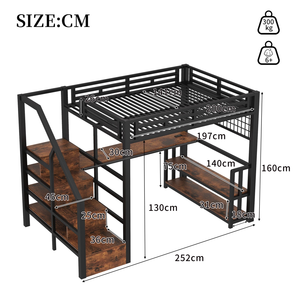 Letto a castello nero in metallo con funzione di stoccaggio integrata 140x200 cm