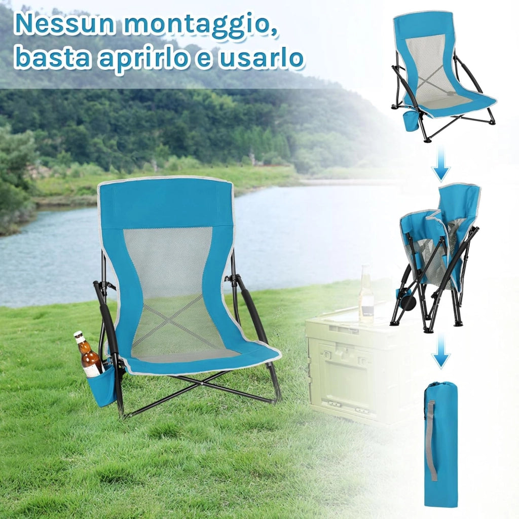 Sedia da Spiggia/Campeggio Bassa Pieghevole Set di 2, Sedia Portatile da Esterno Leggera con Schienale in Rete Traspirante, Portabicchieri, Borsa di Trasporto, Blu