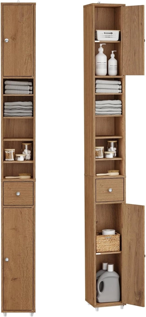 Mobile Bagno Alto e Stretto, Mobili Salvaspazio Mobiletto a Colonna da Terra con Ripiani Regolabili e Cassetto Armadietto per Bagno e Lavanderia 20×20×180 cm BZR34-II-PF