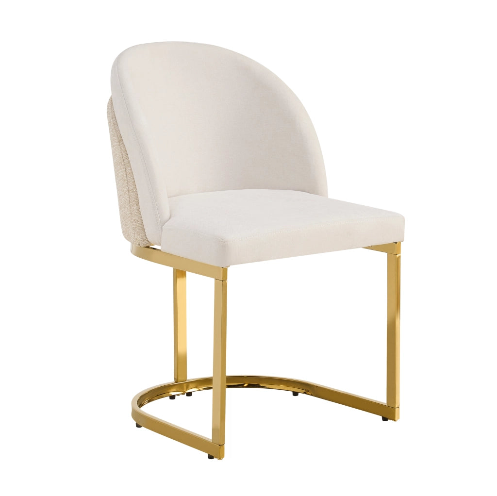Set di 6 sedie da pranzo con doppio schienale e gambe in metallo rivestite in chenille beige e oro