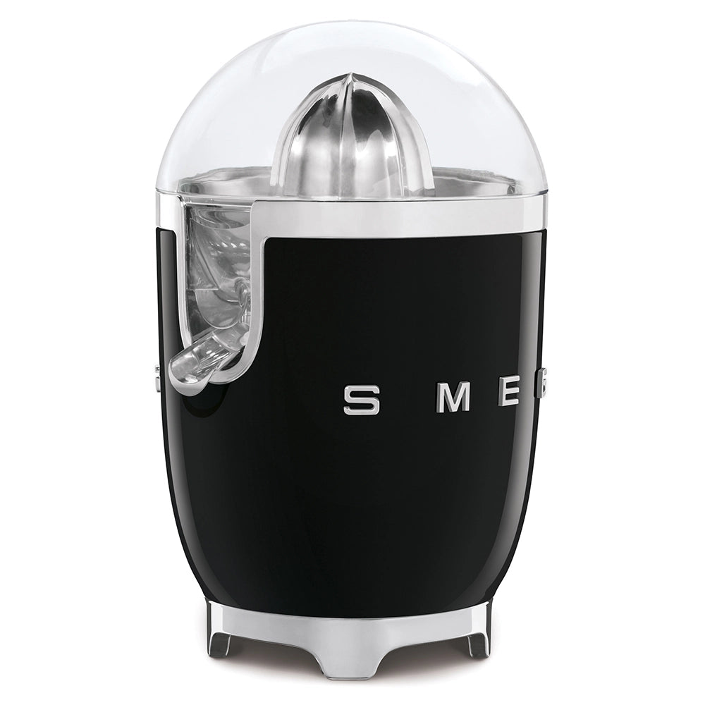 Smeg, spremiagrumi elettrico cjf11bleu, spremitura a pressione manuale, beccuccio antigoccia e cono universale, base antiscivolo, avvolgicavo integrato, 70w, nero