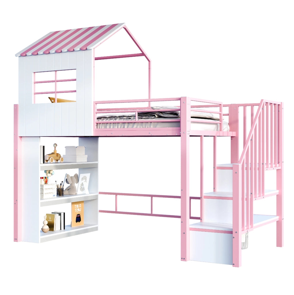 Letto a soppalco 90x200 cm rosa con scala contenitore e scaffale, struttura in metallo e MDF