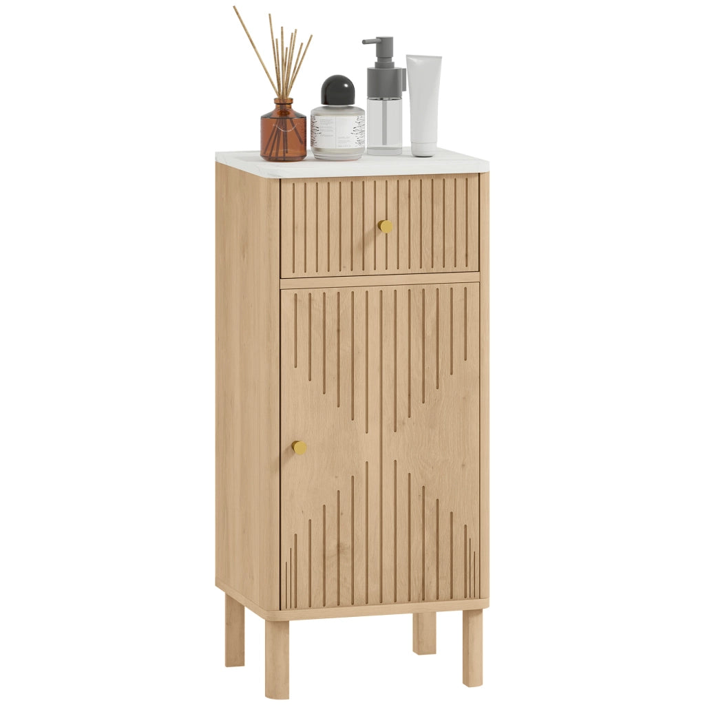Mobiletto Bagno con Piano Effetto Marmo e Anta Scanalata ¨C Zephmum ¨C 36x30x80 cm Quercia