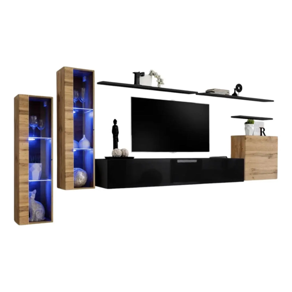 Set di mobili da parete per soggiorno SWITCH XI design, colore nero lucido e quercia Wotan.
