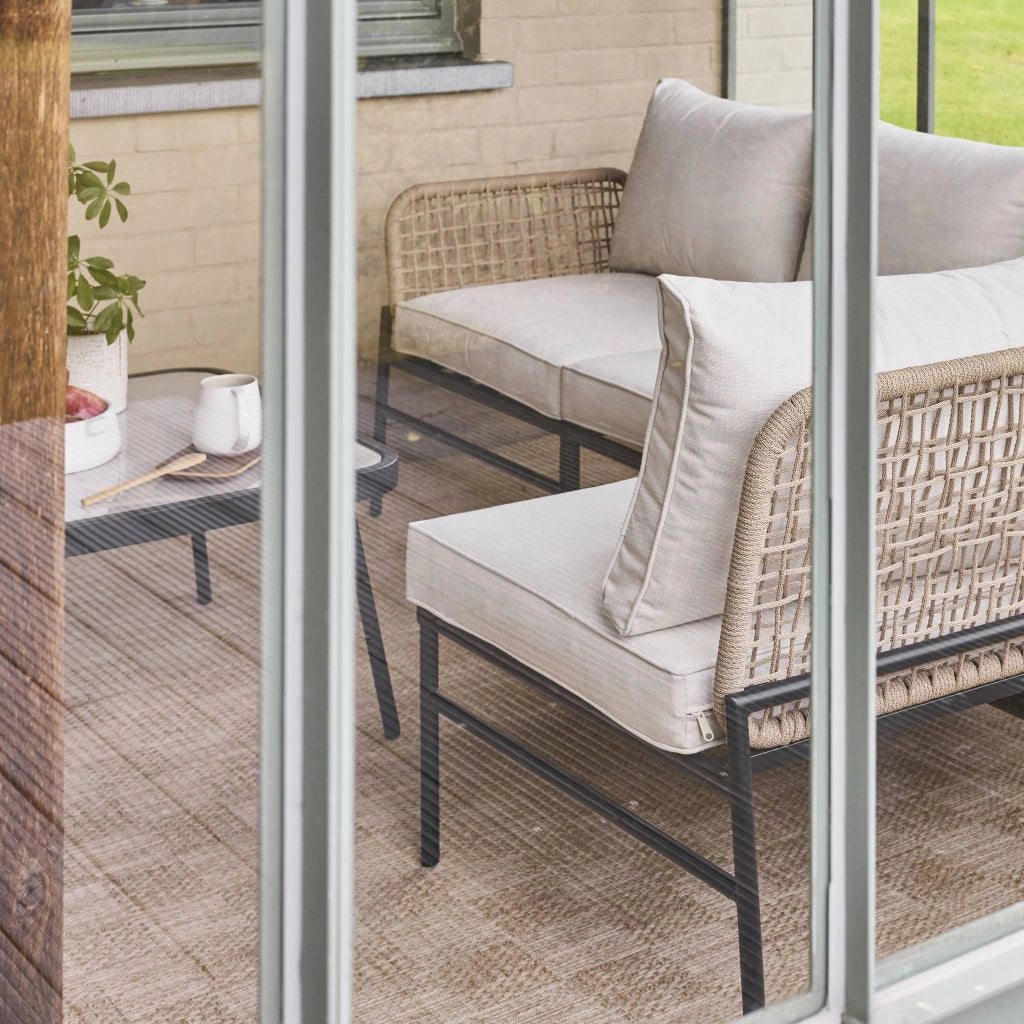 Salotto da giardino angolare in acciaio e corda, 5 posti, beige