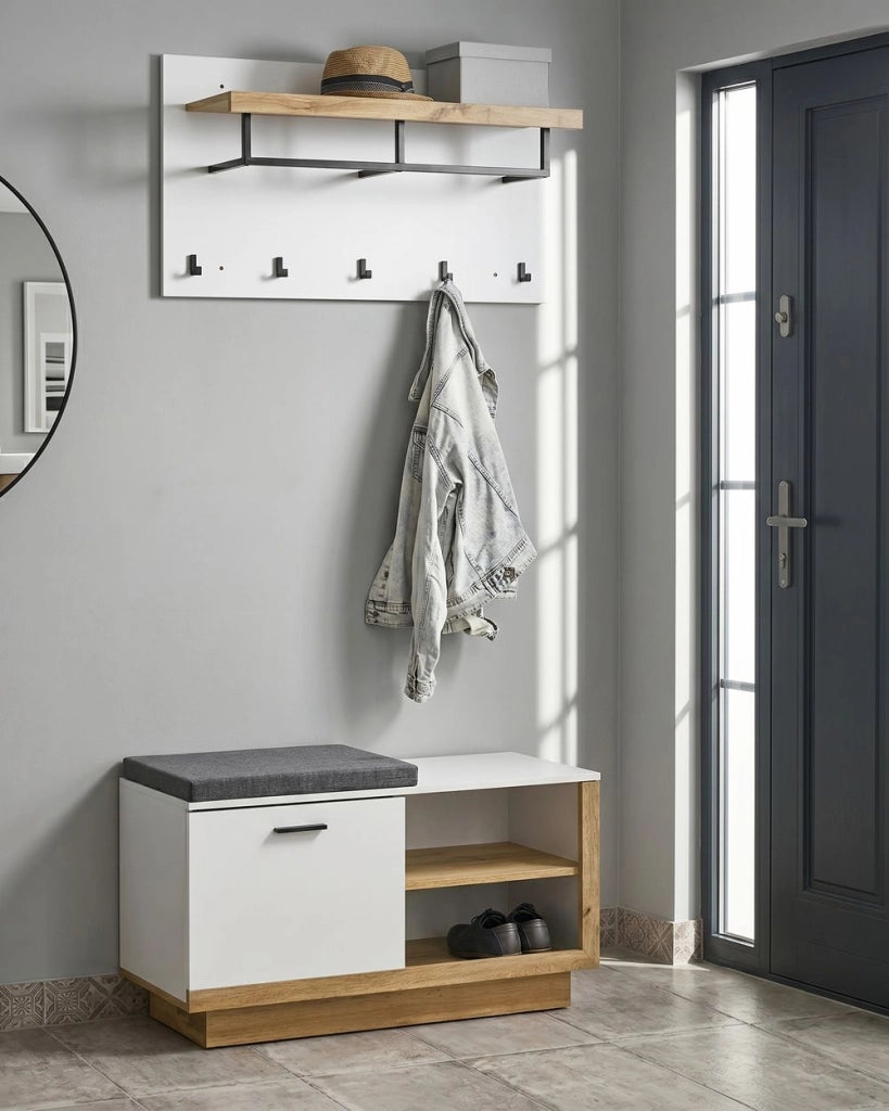 Set da ingresso: mobile portaoggetti in truciolato bianco con panca porta scarpe e ganci appendiabiti, stile moderno minimalista