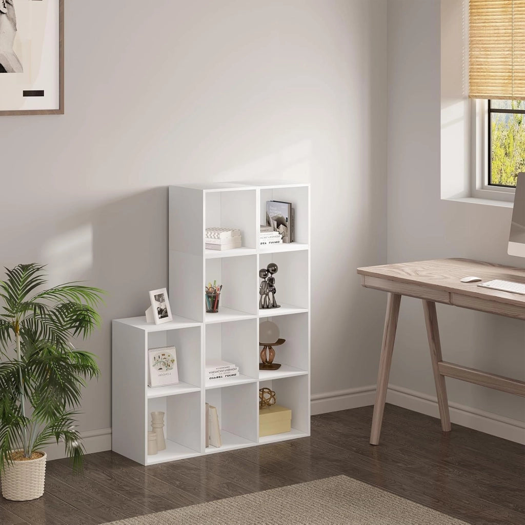 Libreria Scaffale, Libreria a 10 Cubi, Scaffale a Scala Componibile, Mobile Portaoggetti in Legno, Divisorio per Camera da Letto, Soggiorno, Ufficio, 120x30x120cm, Bianco, SK035ws