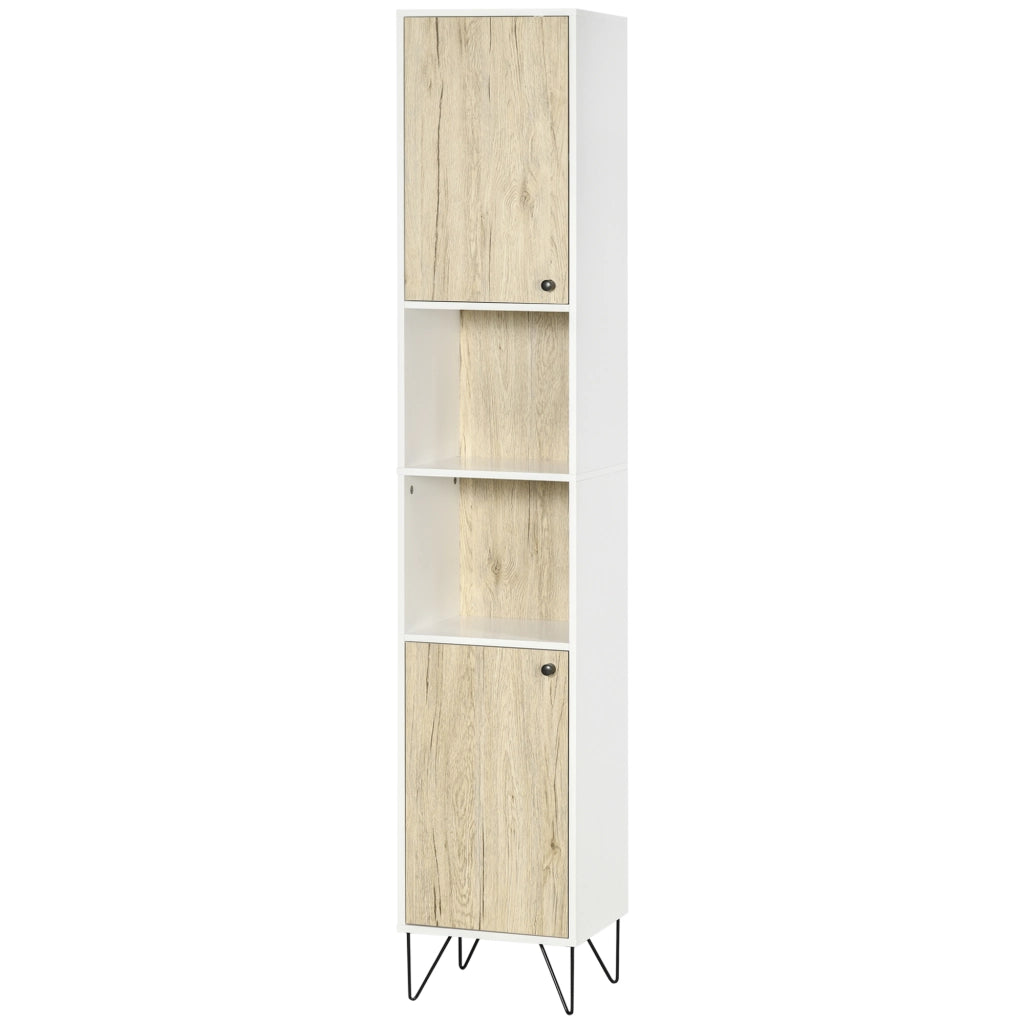 Colonna Bagno con 2 Ripiani Aperti e 2 Armadietti in Truciolato. 31.5x30x169 cm. Bianco e color Legno