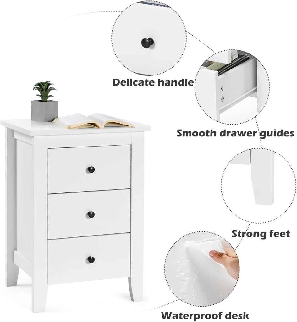 Comodino a 3 Cassetti, Comò Cassettiera Salvaspazio e Moderno in Legno, Mobile con Cassetti per Camera da Letto, Soggiorno, Cucina, Corridoio, 46 x 37 x 65 cm (Bianco x 2)