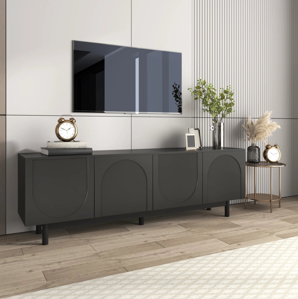 Mobile TV nero con 4 ante push-to-open e ripiani regolabili, 175x38x56 cm